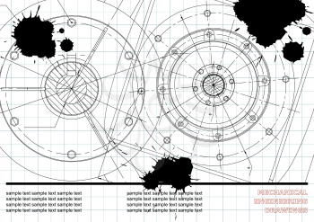 Vector Mechanical engineering drawings on a white background. Background for inscription. Draft. Black Ink. Blots