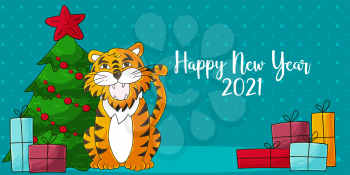 Astrological Symbol of 2022. Long New Year card in hand-draw style. Christmas tree, gifts, tiger. Cartoon illustration for postcards, calendars, posters
