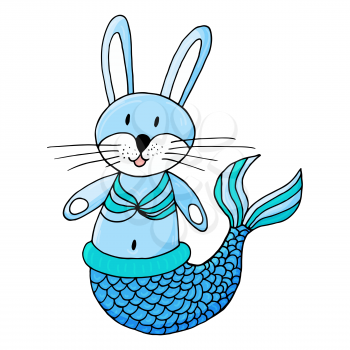 Bunny mermaid. Marine theme icon in hand draw style. Cute childish illustration of sea life. Icon, badge, sticker, print for clothes