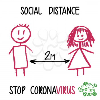 Children's drawing with wax crayons. Keep distance sign. Coronavirus. Self Quarantine. Social distancing concept people standing away to prevent COVID-19 coronavirus disease vector illustration
