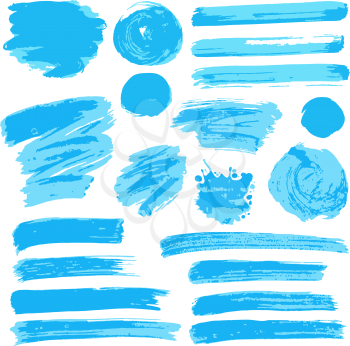 Collection of blue paint, ink, brush strokes, brushes, lines, grungy. Waves, circles, Dirty elements of decoration boxes frames Vector