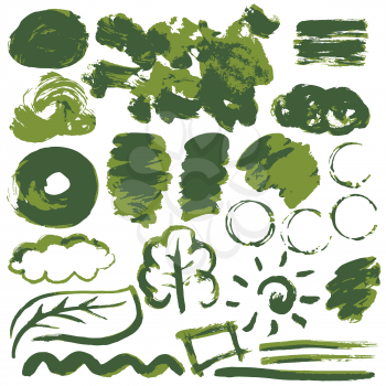 Collection of green paint, ink, brush strokes, brushes, lines, grungy. Waves, circles Dirty elements of decoration boxes