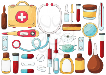 Collection of vector illustrations. Set of doctor's tools in hand draw style. Ambulance doctor tools, medical case, medications, stethoscope, masks