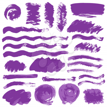 Collection of violet paint, ink, brush strokes, brushes, lines, grungy. Waves, circles, Dirty elements of decoration, boxes frames Vector illustration Freehand drawing