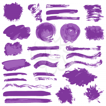 Collection of violet paint, ink, brush strokes, brushes, lines, grungy. Waves, circles, sun, heart. Dirty elements of decoration boxes frames Vector illustration Freehand drawing