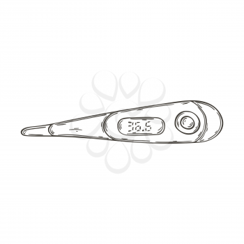 Contour Medical icon. Vector illustration in hand draw style. The image is isolated on a white background. Medical tools. Children's thermometer