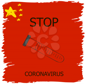 Coronavirus in China. Novel coronavirus (2019-nCoV), red background with stars and colors of Chinese flag. Concept of coronavirus quarantine. Test tube, analysis Icon, Stop Coronavirus