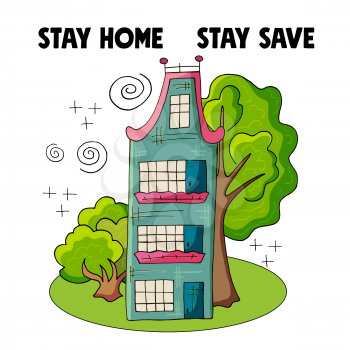 Coronavirus in China. Novel coronavirus (2019-nCoV). Stay at home concept illustration with house and trees modern cute style. Stay home club. Coronavirus precaution. Stay safe poster