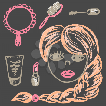 Cute childish drawing with colored chalk on a gray background. Pastel chalk or pencil funny doodle style vector. Female beauty and cosmetics, mirror, comb, mascara, lipstick