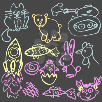 Cute childish drawing with colored chalk on a gray background. Pastel chalk or pencil funny doodle style vector. Tank, rocket, cat, chick