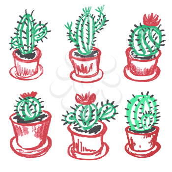 Cute childish drawing with wax crayons on a white background. Pastel chalk or pencil funny doodle style vector. Cactus blooming flowerpots