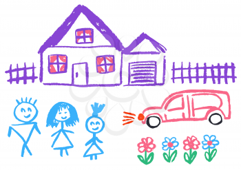 Cute childish drawing with wax crayons on a white background. Pastel chalk or pencil funny doodle style vector. Family comfort, home, fence, car, flowers