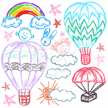 Cute childish drawing with wax crayons on a white background. Pastel chalk or pencil funny doodle style vector. Set of balloons, parachute, clouds