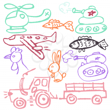 Cute childish drawing with wax crayons on a white background. Pastel chalk or pencil funny doodle style vector. Set of transport, tractor, tank, plane, helicopter