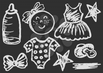 Cute childish drawing with white chalk on blackboard. Pastel chalk or pencil funny doodle style vector. A set of accessories for infants, newborns. Girl