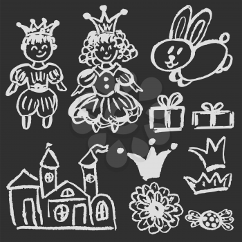 Cute childish drawing with white chalk on blackboard. Pastel chalk or pencil funny doodle style vector. Castle, hare, king, queen
