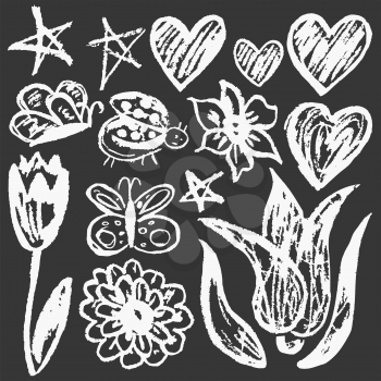 Cute childish drawing with wax crayons on a white background. Pastel chalk or pencil funny doodle style vector. Flowers, tulips, hearts