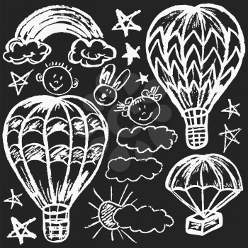 Cute childish drawing with white chalk on blackboard. Pastel chalk or pencil funny doodle style vector. Set of balloons, parachute, clouds