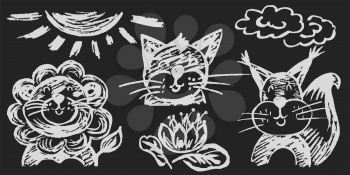 Cute childish drawing with white chalk on blackboard. Pastel chalk or pencil funny doodle style vector. Set of beautiful animals. Cat, lion, squirrel