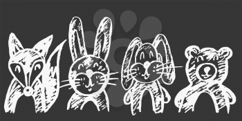 Cute childish drawing with white chalk on blackboard. Pastel chalk or pencil funny doodle style vector. Set of beautiful animals. Squirrel, hare, rabbit, bear
