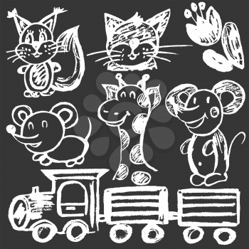 Cute childish drawing with white chalk on blackboard. Pastel chalk or pencil funny doodle style vector. Squirrel, giraffe, cat, mouse, train