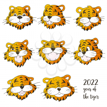 Faces of tigers. Symbol of 2022. Set of tigers in hand draw style. New Year 2022. Collection of cute vector illustrations