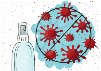 Fight against coronavirus vector background. Hand sanitizer bottle. Antibacterial flask kills bacteria