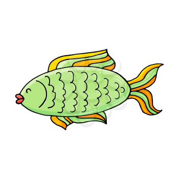 Green fish. Marine theme icon in hand draw style. Cute childish illustration of sea life. Icon, badge, sticker, print for clothes