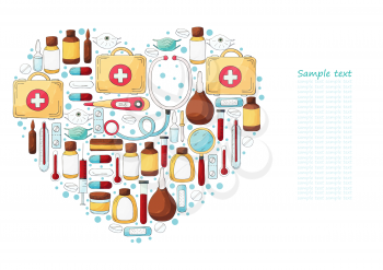 Heart Collection of vector illustrations, text. Set of doctor's tools in hand draw style. Ambulance doctor tools, medical case