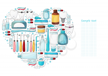 Heart collection of vector illustrations, text. Set of elements for the care of the oral cavity in hand draw style. Teeth cleaning, dental instruments