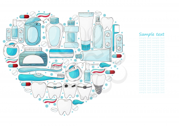 Heart set of elements, text. Set of elements for the care of the oral cavity in hand draw style. Teeth cleaning, dental health. Teeth, floss, brush, paste