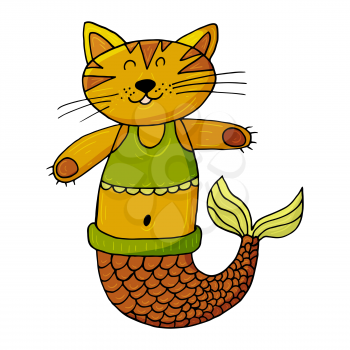Mermaid cat. Marine theme icon in hand draw style. Cute childish illustration of sea life. Icon, badge, sticker, print for clothes