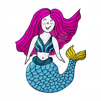 Mermaid. Marine theme icon in hand draw style. Cute childish illustration of sea life. Icon, badge, sticker, print for clothes