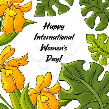 Orchids and monstera leaves. Tropical plants. Greeting card. International Women's Day