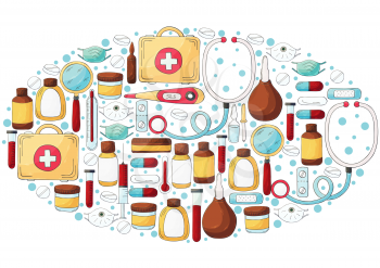 Oval Collection of vector illustrations. Set of doctor's tools in hand draw style. Ambulance doctor tools, medical case, medications, stethoscope, masks