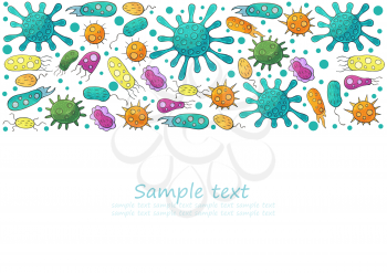 Rectangular flyer, banner. Set of cartoon microbes in hand draw style. Coronavirus, bacteria, microorganisms