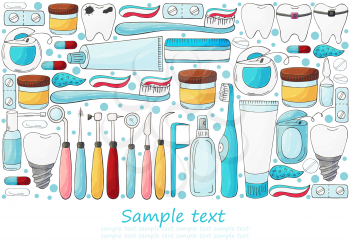 Rectangular flyer, banner, text. Set of elements for the care of the oral cavity in hand draw style. Teeth cleaning, dental health, dental instruments