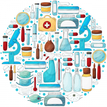 Round collection of vector illustrations. Laboratory assistant doctor tools set in hand draw style. Analysis tools, virus search. Doctor's case, microscope, tools