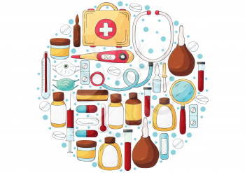 Round collection of vector illustrations. Set of doctor's tools in hand draw style. Ambulance doctor tools, medical case, medications, stethoscope, masks