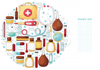 Round collection of vector illustrations, text. Set of doctor's tools in hand draw style. Ambulance doctor tools, medical case, medications, stethoscope, masks