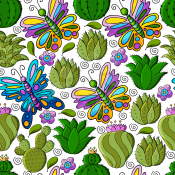 Seamless botanical illustration. Tropical pattern of different cacti, aloe, exotic animals. Butterflies, colorful flowers