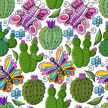 Seamless botanical illustration. Tropical pattern of different cacti, aloe, exotic animals. Butterflies, colorful flowers, leaves