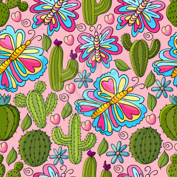 Seamless botanical illustration. Tropical pattern of different cacti, aloe, exotic animals. Butterflies, flowers hearts
