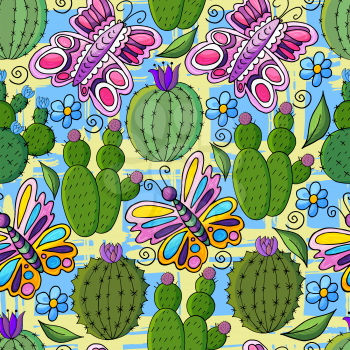 Seamless botanical illustration. Tropical pattern of different cacti, aloe, exotic animals. Colorful Butterflies, flowers, leaves