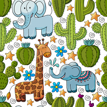 Seamless botanical illustration. Tropical pattern of different cacti, aloe, exotic animals. Elephant, giraffe, stars colorful flowers