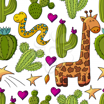 Seamless botanical illustration. Tropical pattern of different cacti, aloe, exotic animals. Giraffe, snake, stars colorful hearts