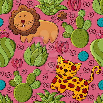 Seamless botanical illustration. Tropical pattern of different cacti, aloe, exotic animals. Lion, leopard flowers