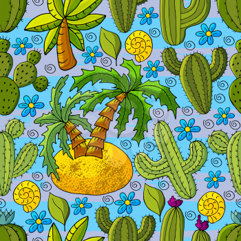 Seamless botanical illustration. Tropical pattern of different cacti, aloe, exotic animals. Palm tree, cockleshell, flowers