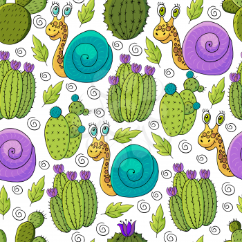 Seamless botanical illustration. Tropical pattern of different cacti, aloe, exotic animals. Snails, colorful flowers