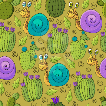 Seamless botanical illustration. Tropical pattern of different cacti, aloe, exotic animals. Snails, flowers